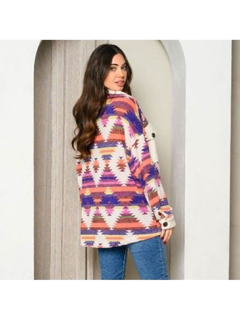 Women's Long Sleeve Multi Print Button Top.